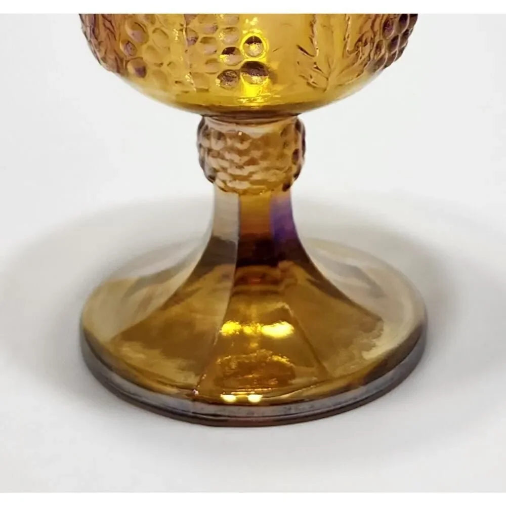 Vintage Gold 1970s Indiana Carnival Glass Goblet Harvest Grape Amber 5.25